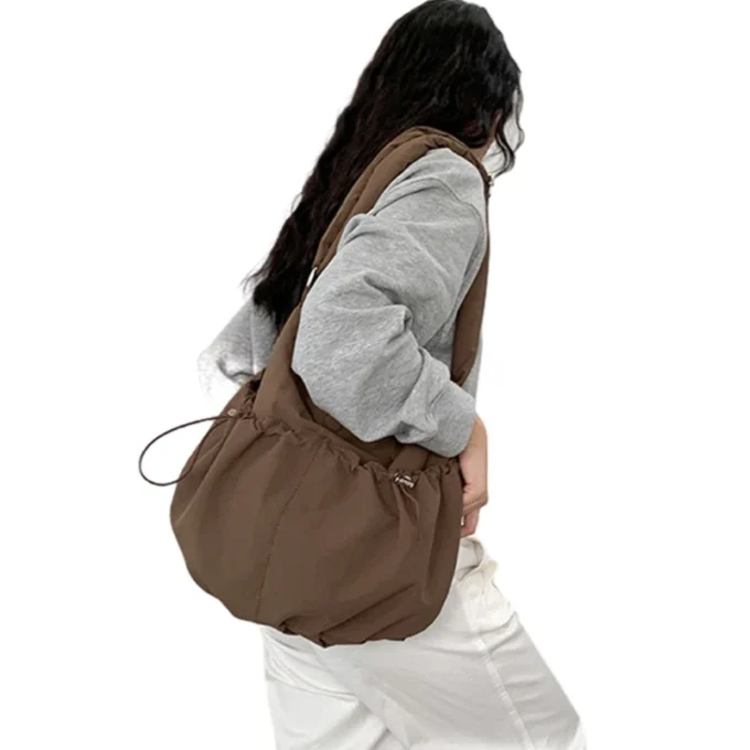 Pleated Crossbody Bags Fashion Shoulder Bags Large Capacity Solid Color Trendy Bag for Girl Women Drawstring Nylon Bags