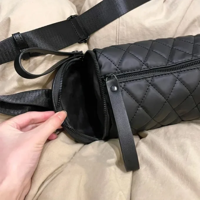 Rhombus Cylindrical Bag For Women Black Leather Crossbody Bag Fashion Bucket Bag Casual Shoulder Bag Outdoor Sports Pillow Bag