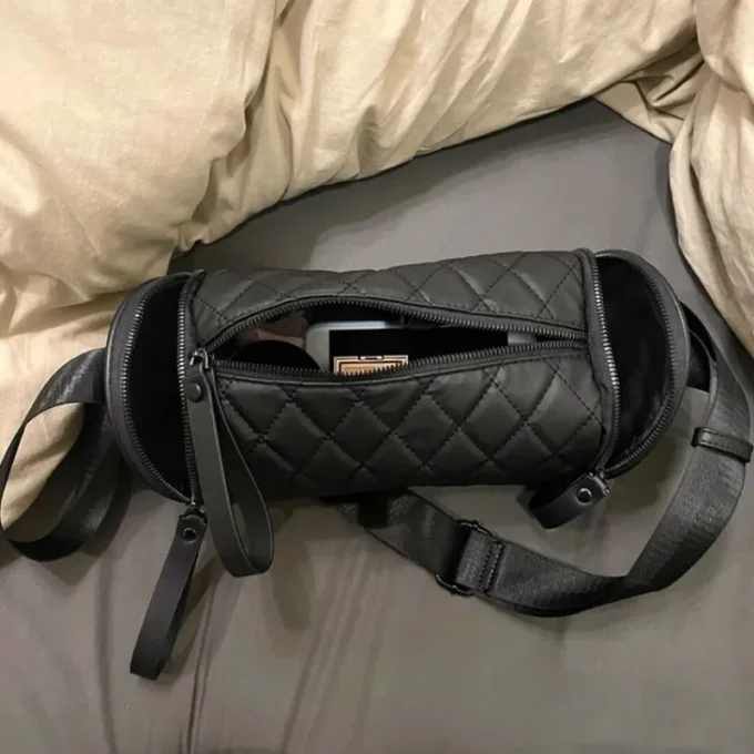 Rhombus Cylindrical Bag For Women Black Leather Crossbody Bag Fashion Bucket Bag Casual Shoulder Bag Outdoor Sports Pillow Bag
