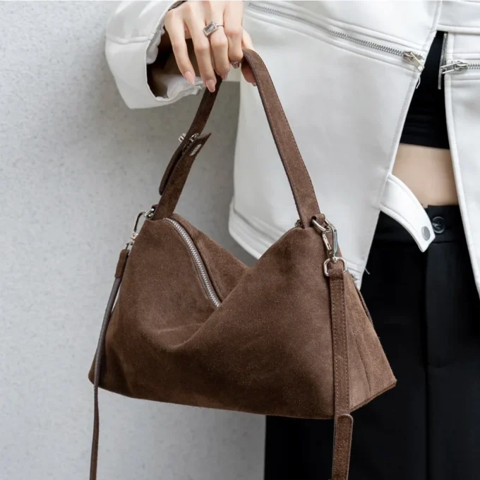 Soft Matte Suede Women's Handbag Autumn Cowhide Shoulder Crossbody Bag Simple Leather Colletion Grey Brown Tote New for Winter