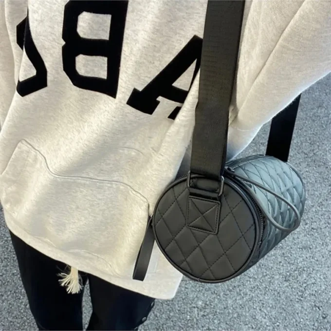 Rhombus Cylindrical Bag For Women Black Leather Crossbody Bag Fashion Bucket Bag Casual Shoulder Bag Outdoor Sports Pillow Bag