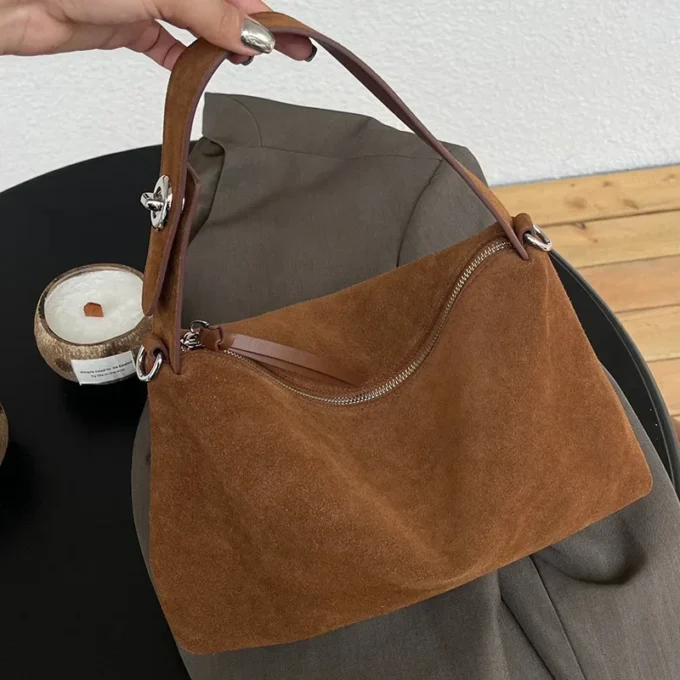 Soft Matte Suede Women's Handbag Autumn Cowhide Shoulder Crossbody Bag Simple Leather Colletion Grey Brown Tote New for Winter