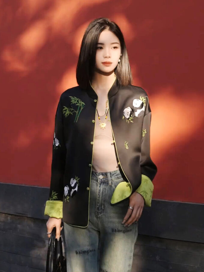 Women's Chinese style Zen print button short jacket