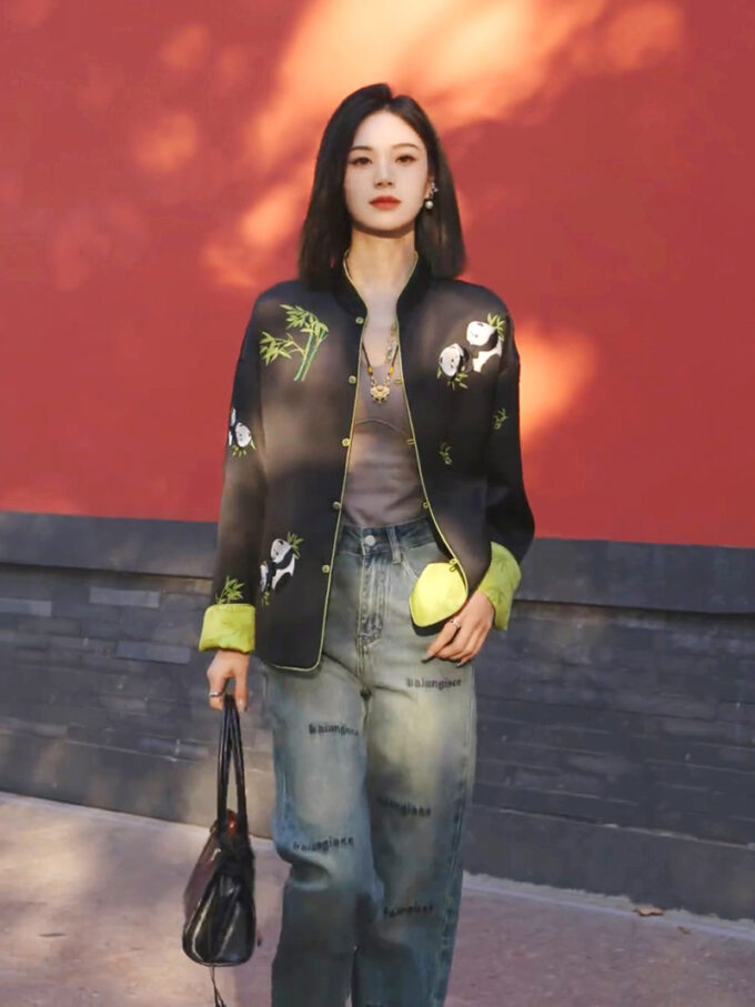 Women's Chinese style Zen print button short jacket