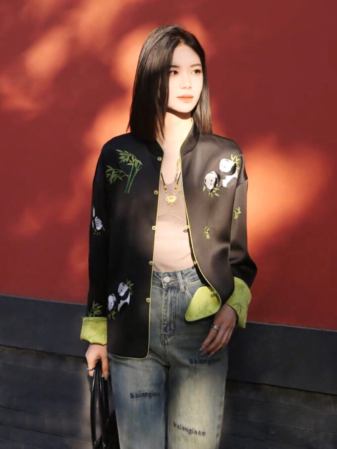 Women's Chinese style Zen print button short jacket