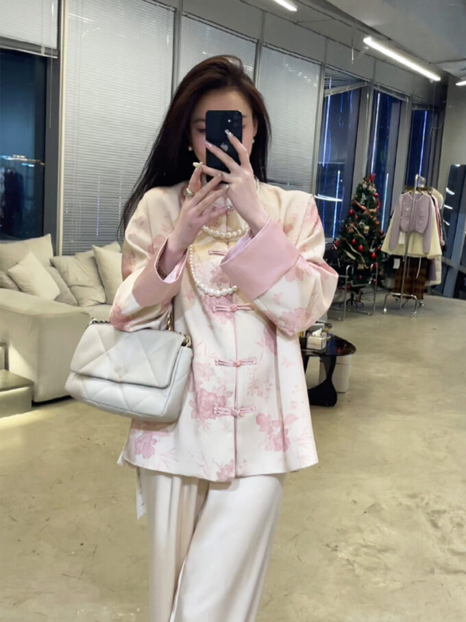 Chinese style buttoned pink coat women