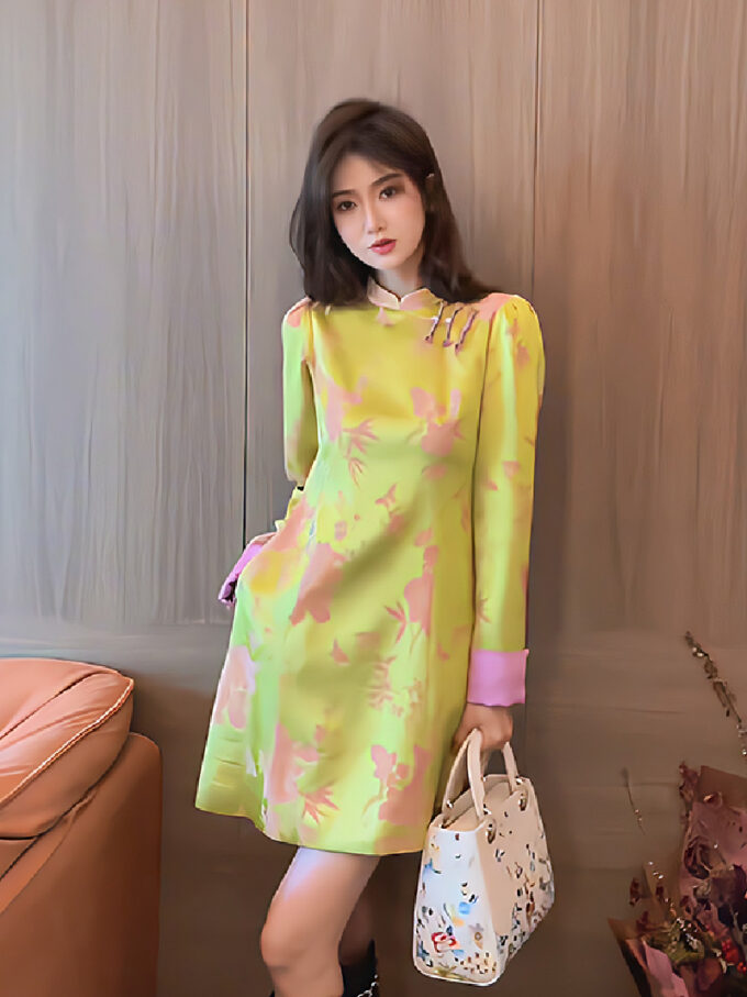 New Chinese style yellow print improved cheongsam dress for women
