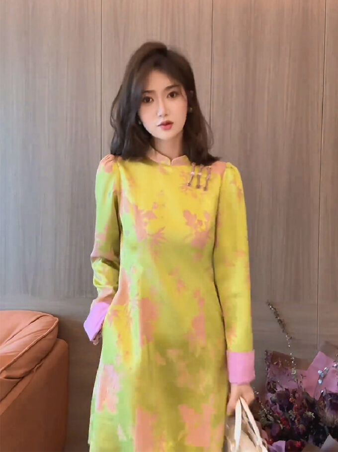 New Chinese style yellow print improved cheongsam dress for women