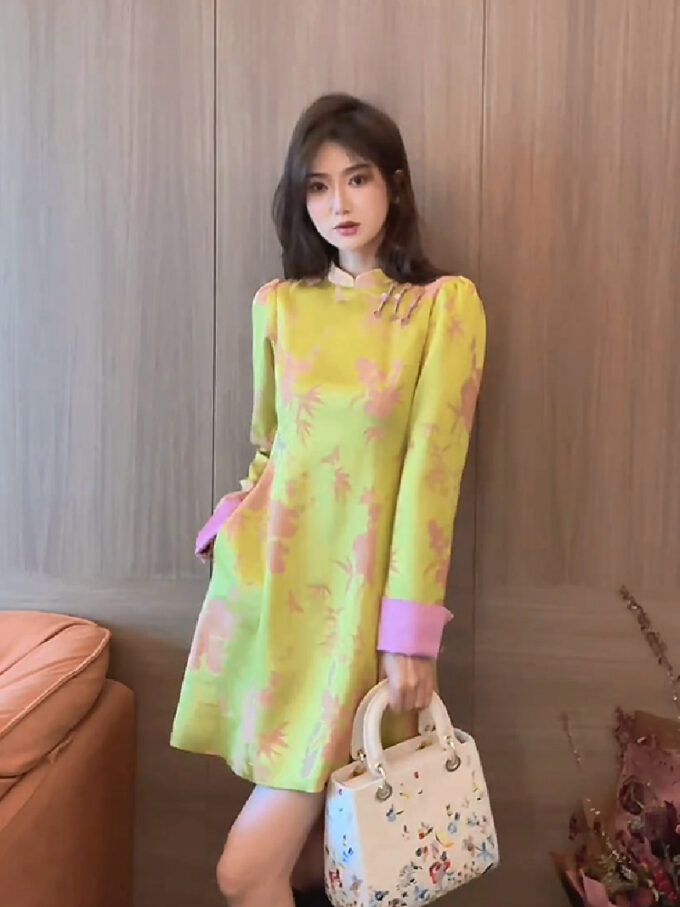 New Chinese style yellow print improved cheongsam dress for women