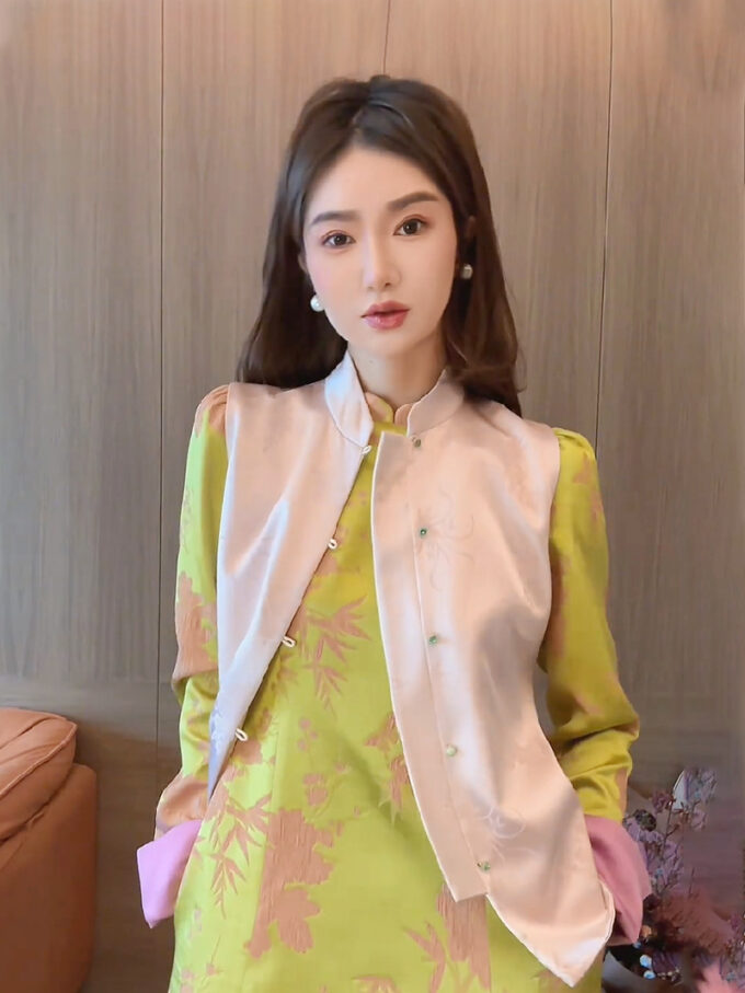 New Chinese style yellow print improved cheongsam dress for women