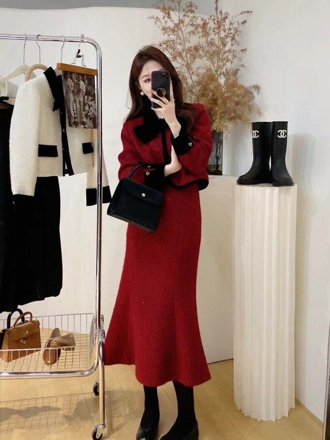 Red winter dress two piece set