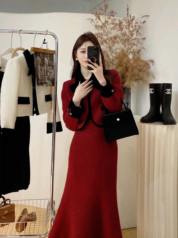 Red winter dress two piece set