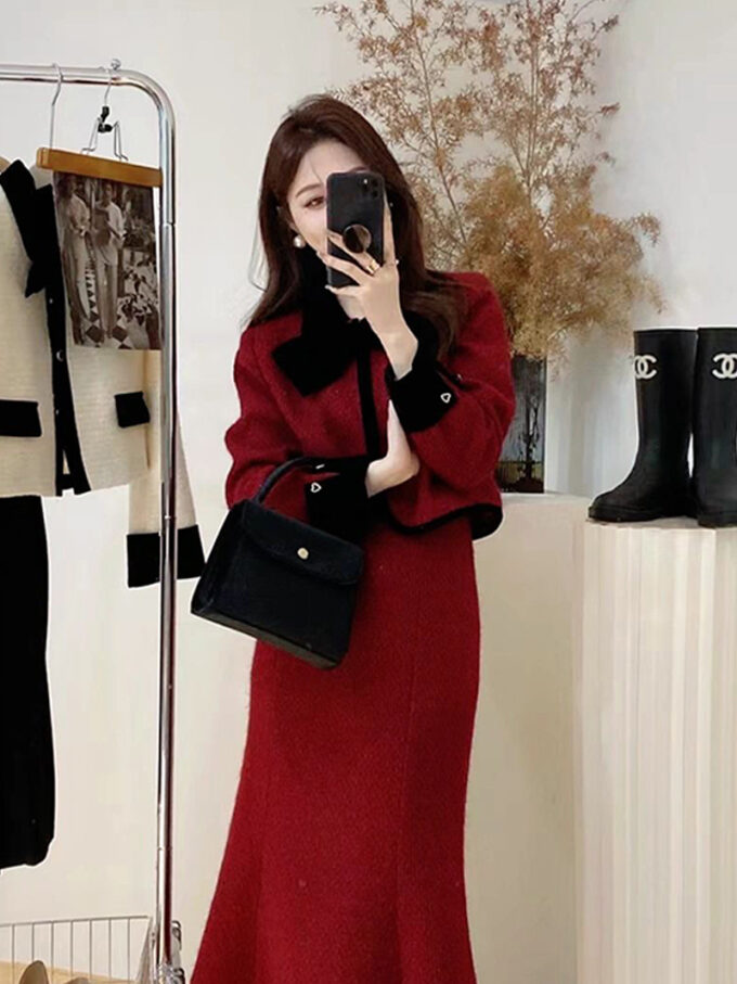 Red winter dress two piece set