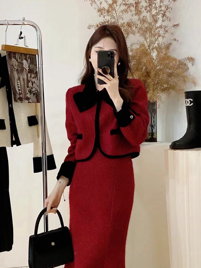 Red winter dress two piece set