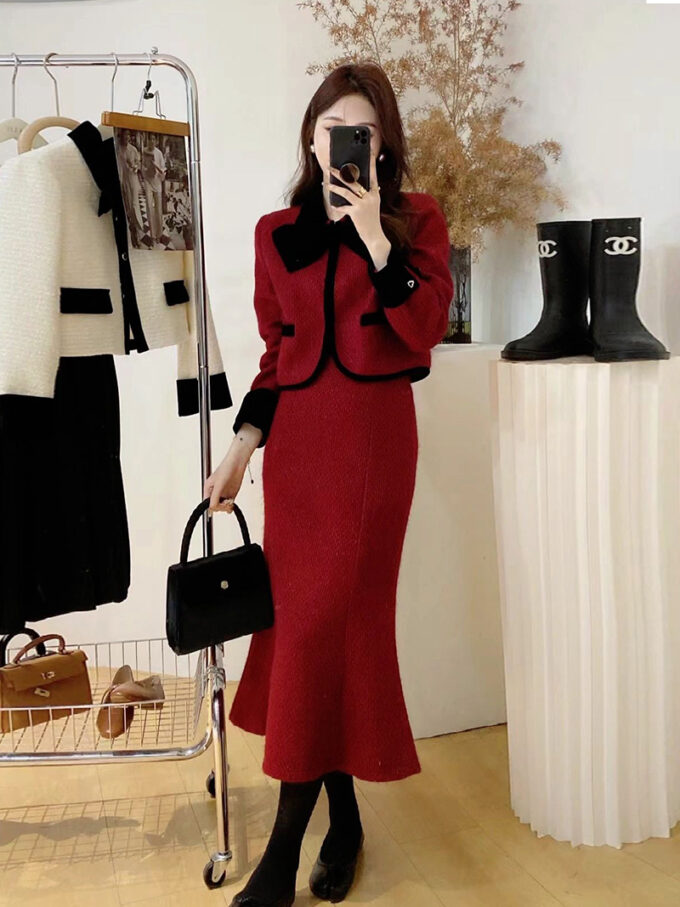 Red winter dress two piece set