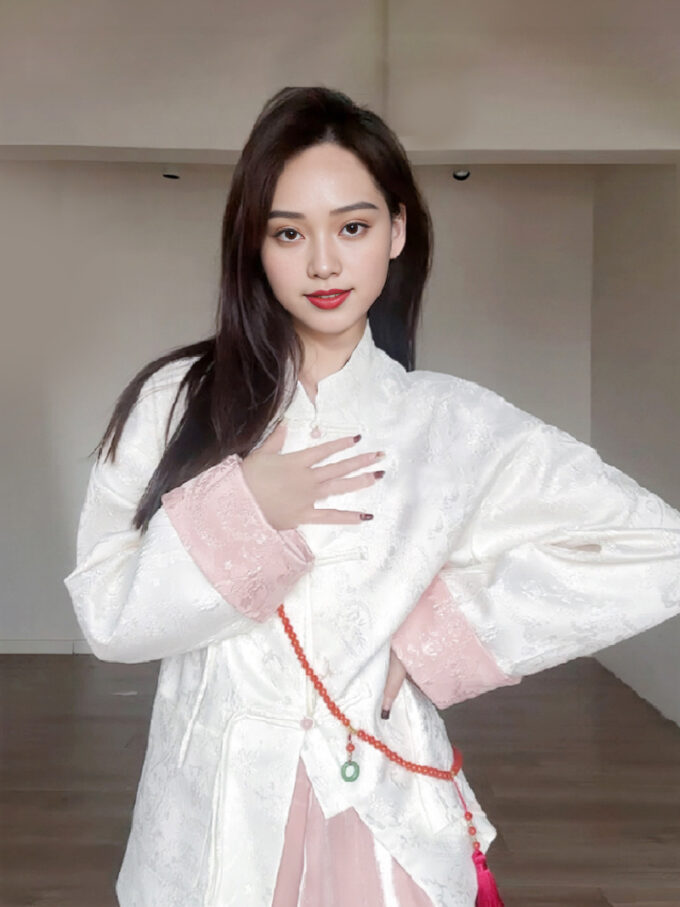 New Chinese style suit buttoned white coat + pink skirt two-piece suit