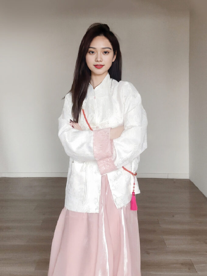 New Chinese style suit buttoned white coat + pink skirt two-piece suit