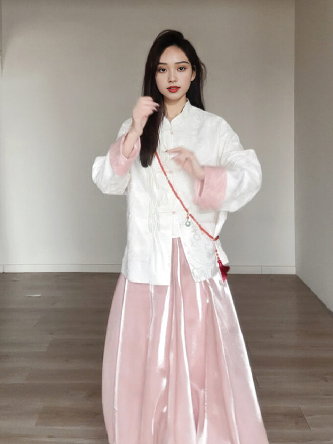 New Chinese style suit buttoned white coat + pink skirt two-piece suit