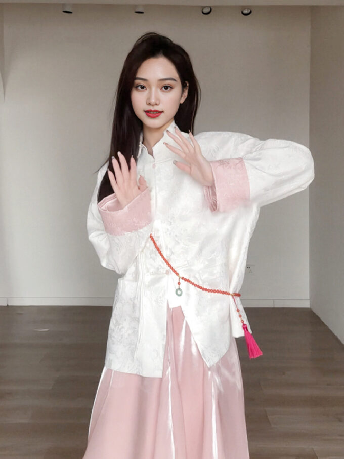 New Chinese style suit buttoned white coat + pink skirt two-piece suit