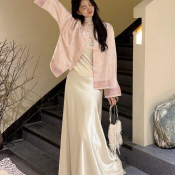 New Chinese style old money style pink buttoned Tang suit jacket and skirt two-piece suit