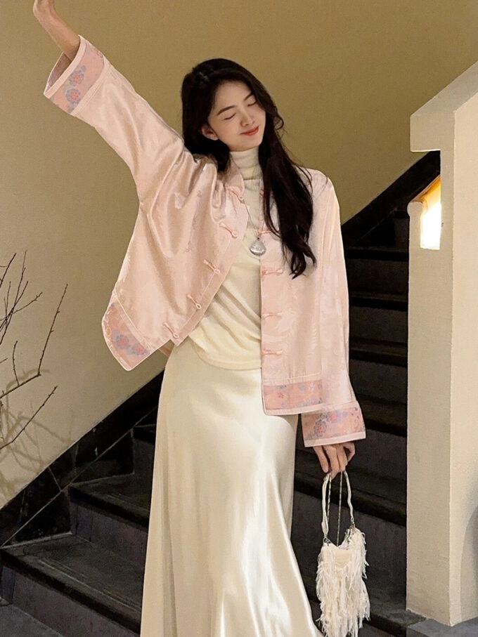 New Chinese style old money style pink buttoned Tang suit jacket and skirt two-piece suit