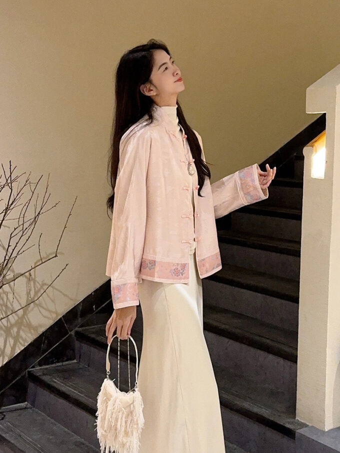 New Chinese style old money style pink buttoned Tang suit jacket and skirt two-piece suit