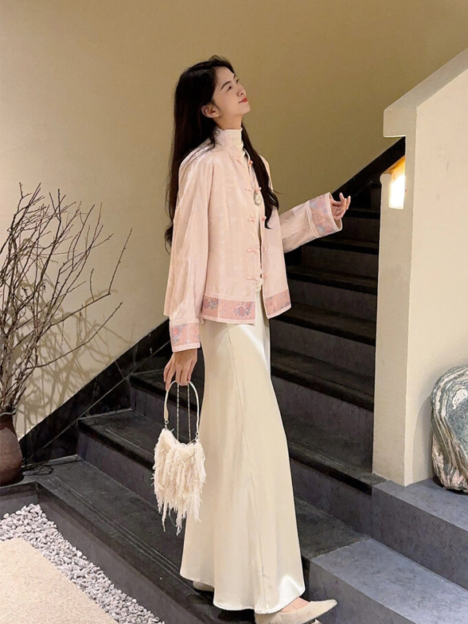 New Chinese style old money style pink buttoned Tang suit jacket and skirt two-piece suit