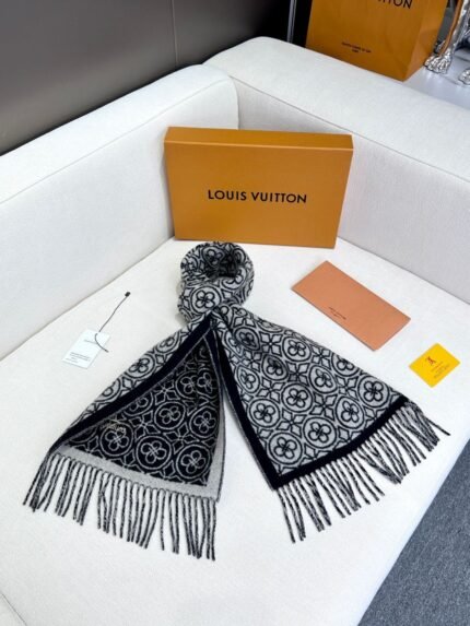 Louis Vuitton 100% lambskin double-sided jacquard black scarf Size: 35*200cm