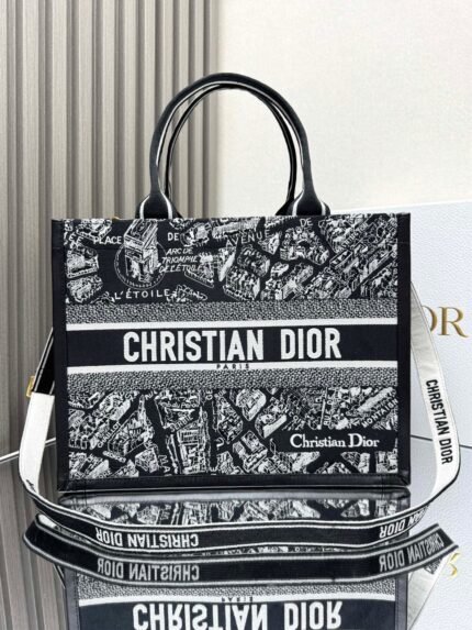 Dior Paris black leather with shoulder strap 【Medium】book tote shopping bag