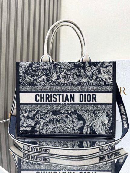 Dior New Blue Tiger Embroidery Leather with Shoulder Strap 【Medium】 Book Tote Shopping Bag