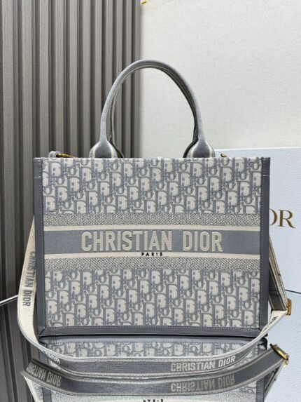 Dior Grey D Embroidered Leather with Shoulder Strap 【Medium】Book Tote Shopping Bag